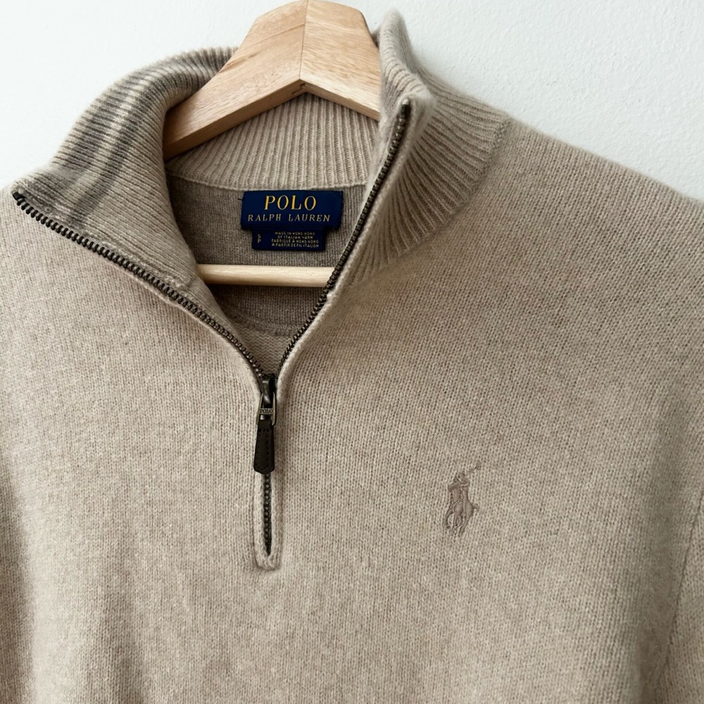 Polo by Ralph Lauren Men's Small Tan Beige Wool Cashmere Quarter Zip-Up Sweater - Picture 4 of 6